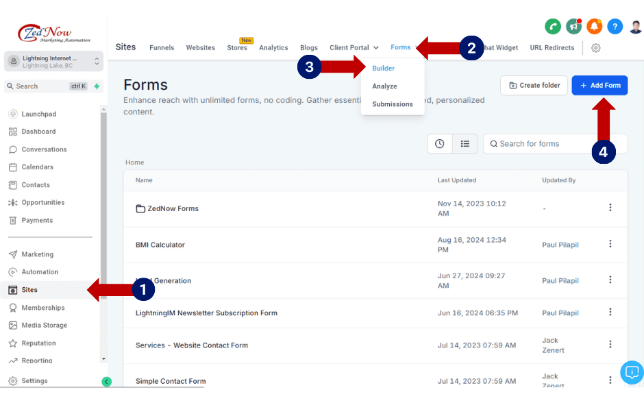 create GoHighLevel email form - dashboard