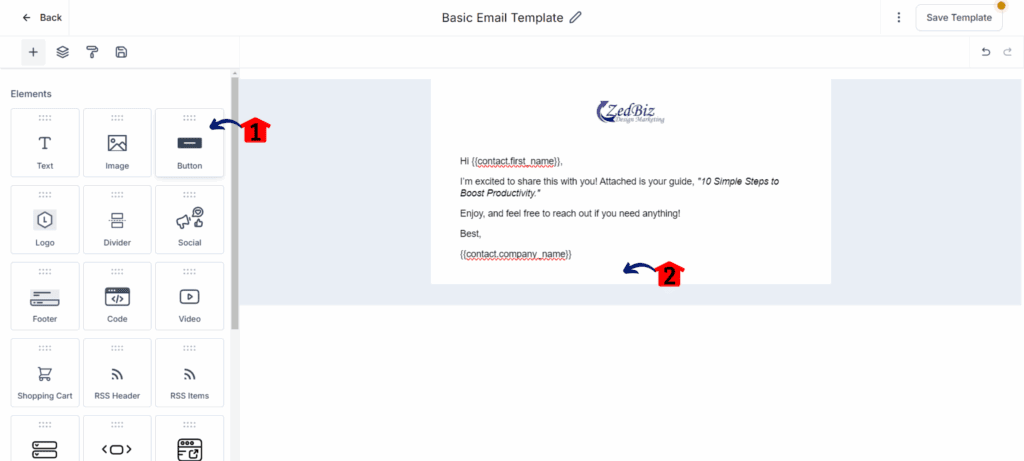 design email canvas  button