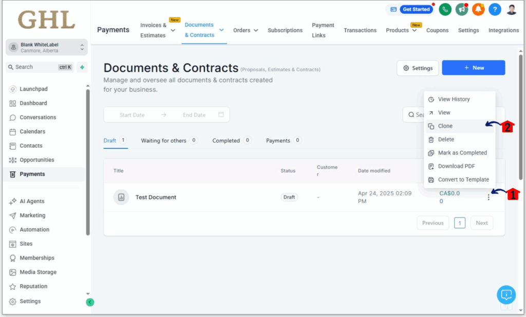 Step 3 of using GHL Clone Documents feature