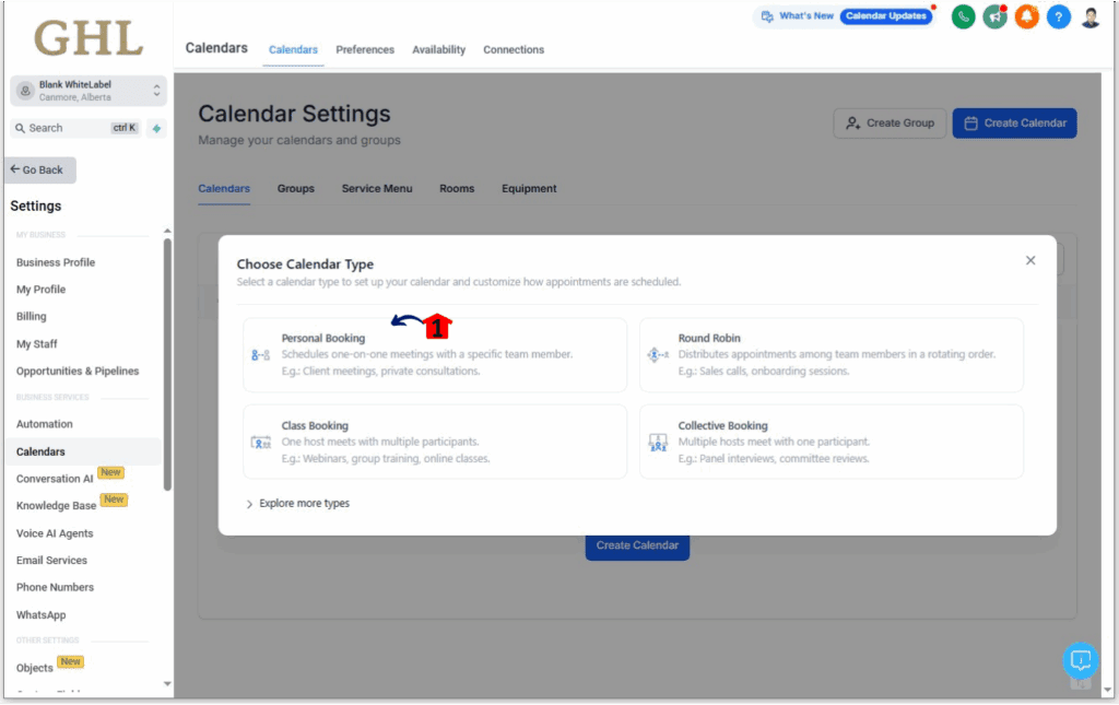 Choosing Personal Booking to create a basic booking calendar