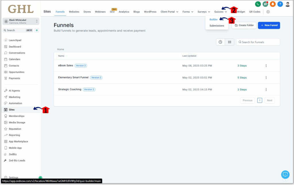 Accessing the quiz builder in GHL