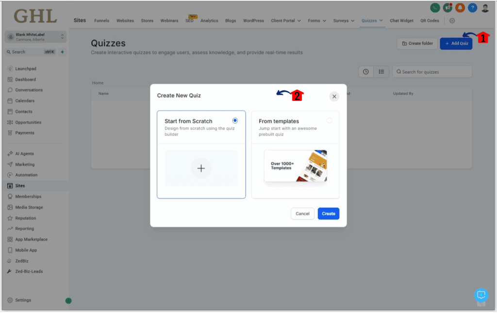 Creating a new quiz