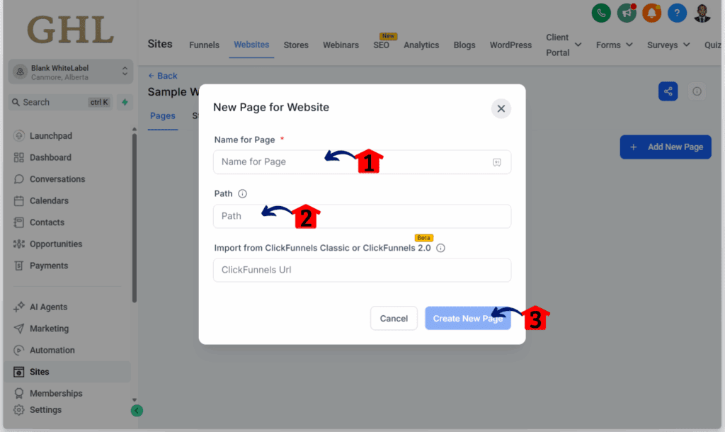 website builder guide - new page