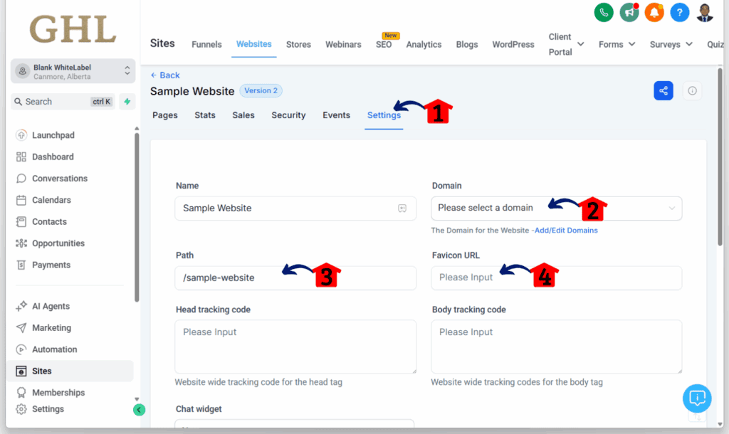 website builder guide - settings