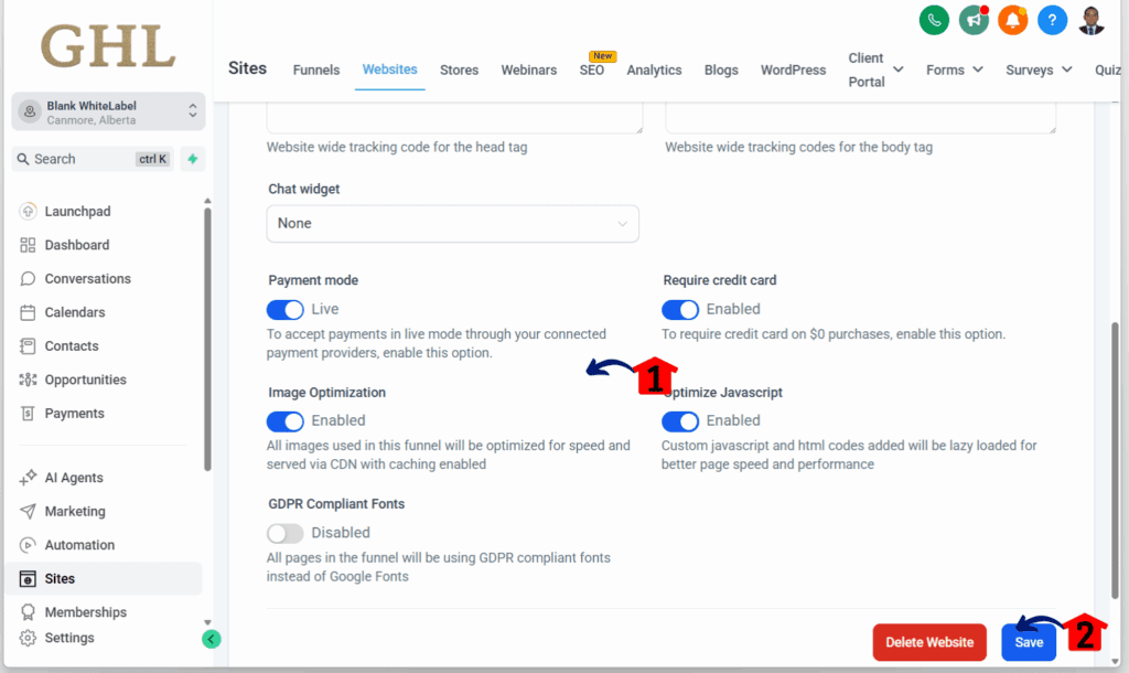 website builder guide - settings save