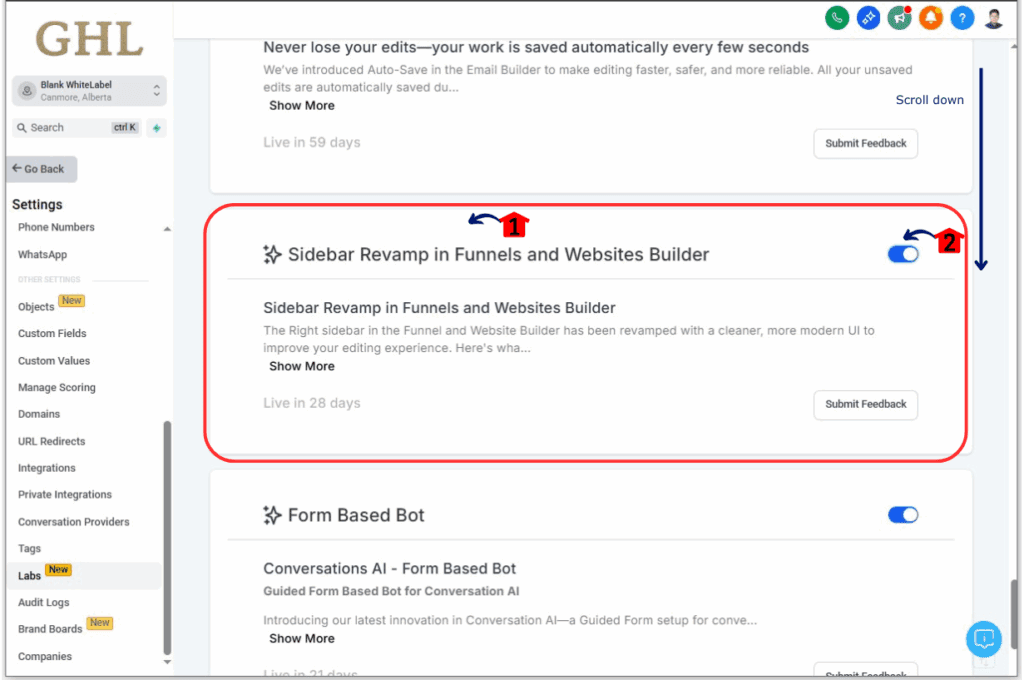 Toggle on the builder sidebar update feature in Labs