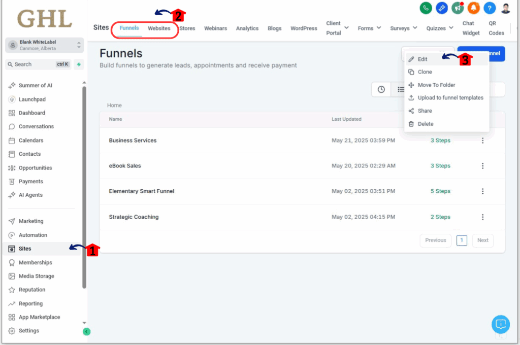 Open Funnel or Website tab