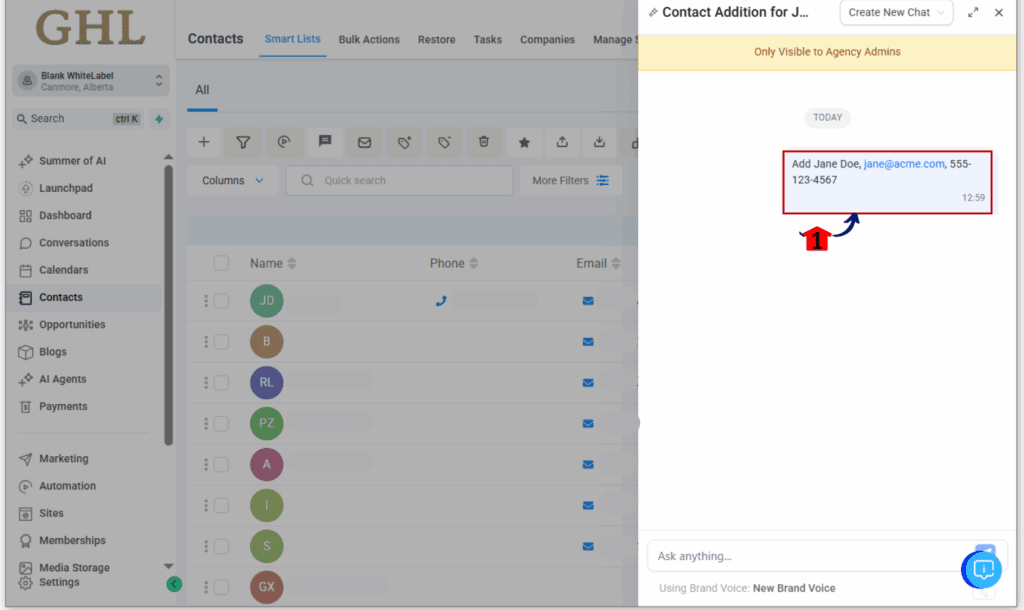 AI workflow automation displaying CRM data inside the GoHighLevel Ask AI chat window