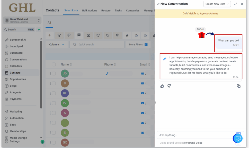 Step-by-step view of enabling AI workflow automation in GoHighLevel via Ask AI