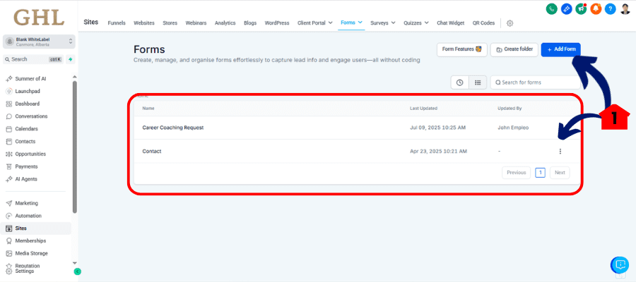 create form for ghl exit pop up intent 
