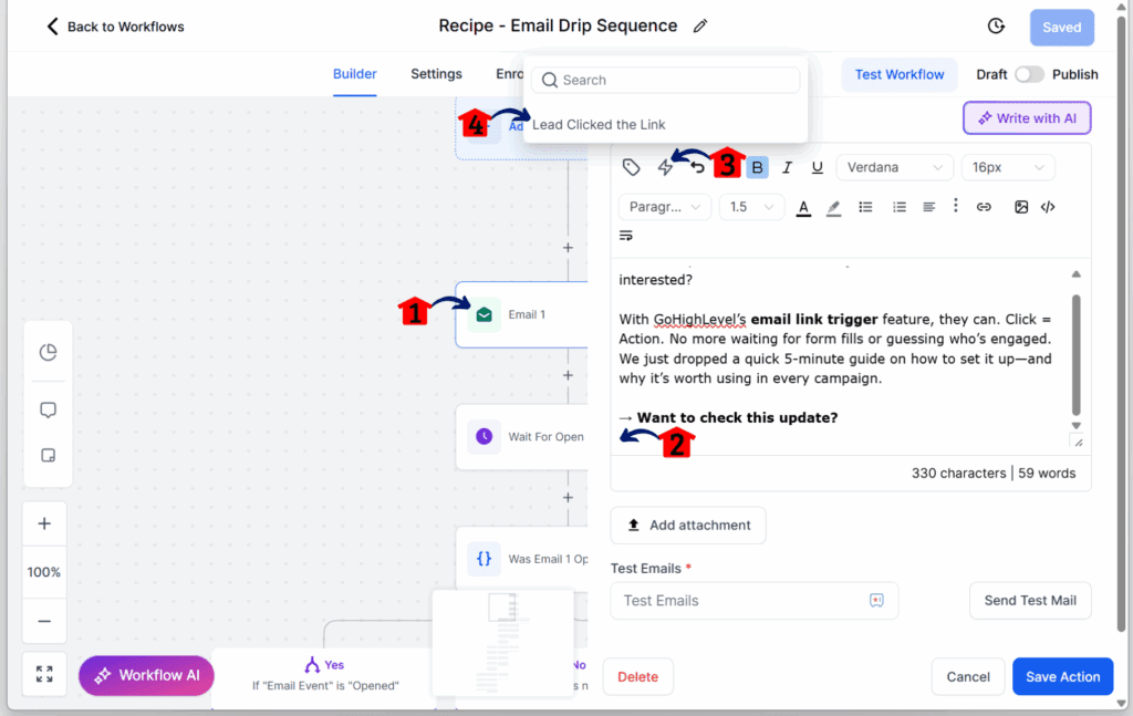 adding the email link triggers in the email