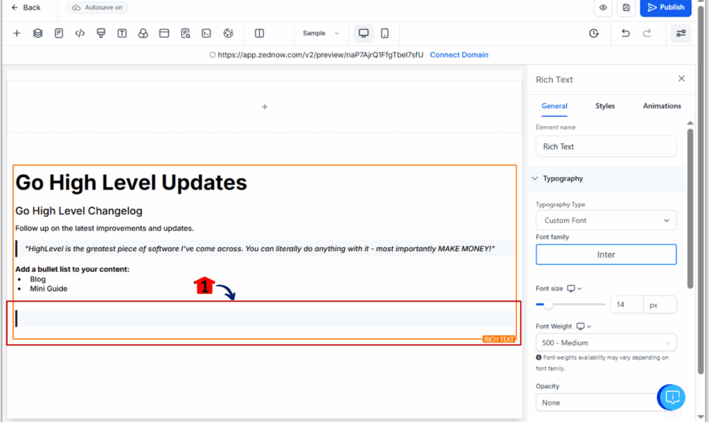Rich Text Editor block added to a GHL website page