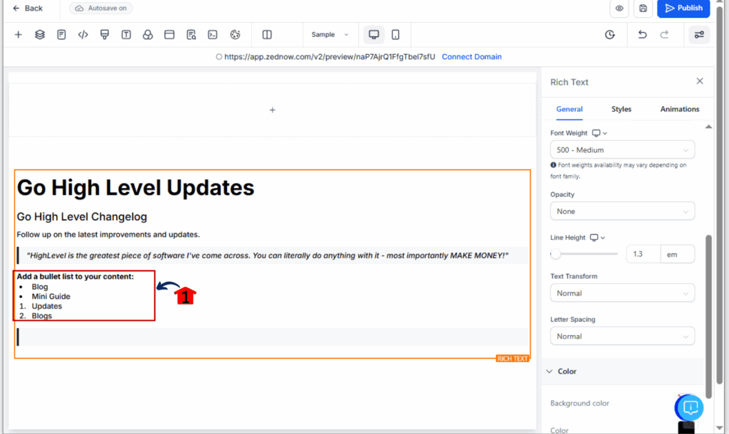 Using Rich Text Editor to format headers and bullet points