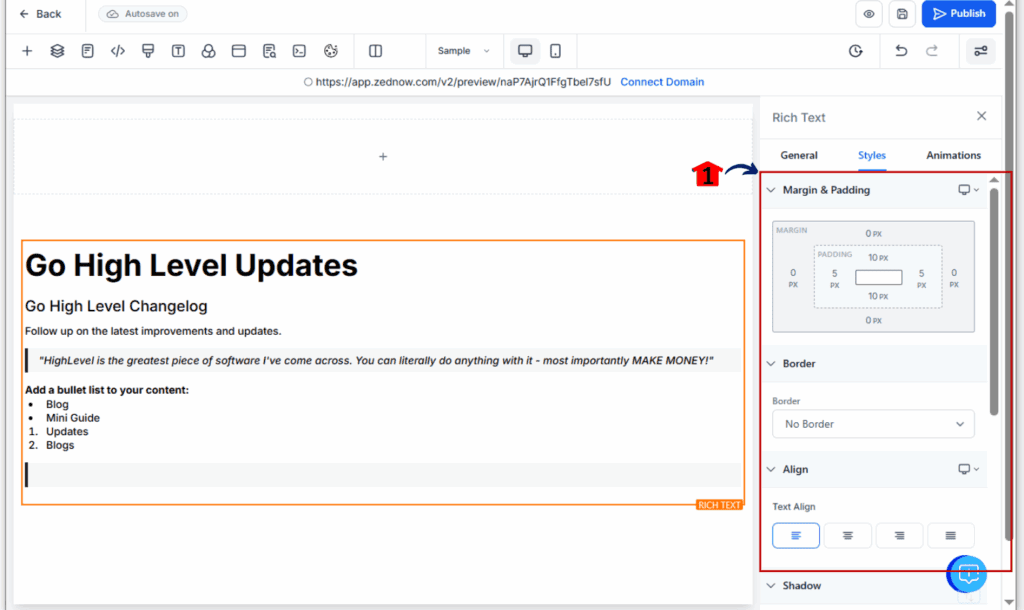 Screenshot of GoHighLevel Rich Text Editor in the funnel builder