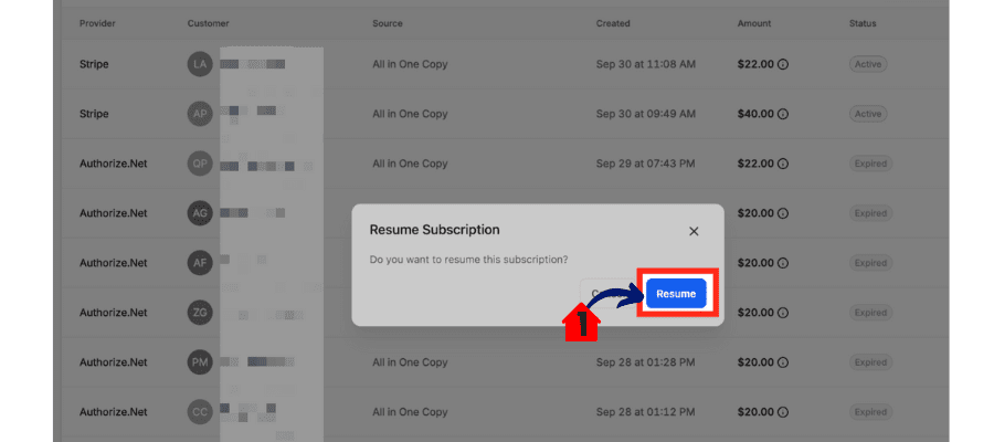 Pause Subscriptions resume