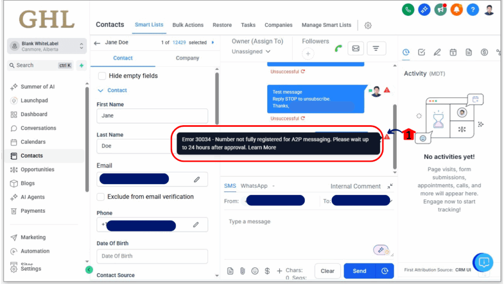 Message Sending Errors View