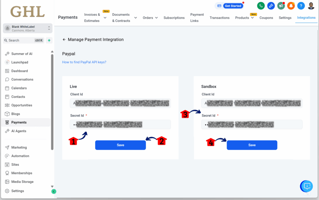 Adding the credentials for PayPal payment setup