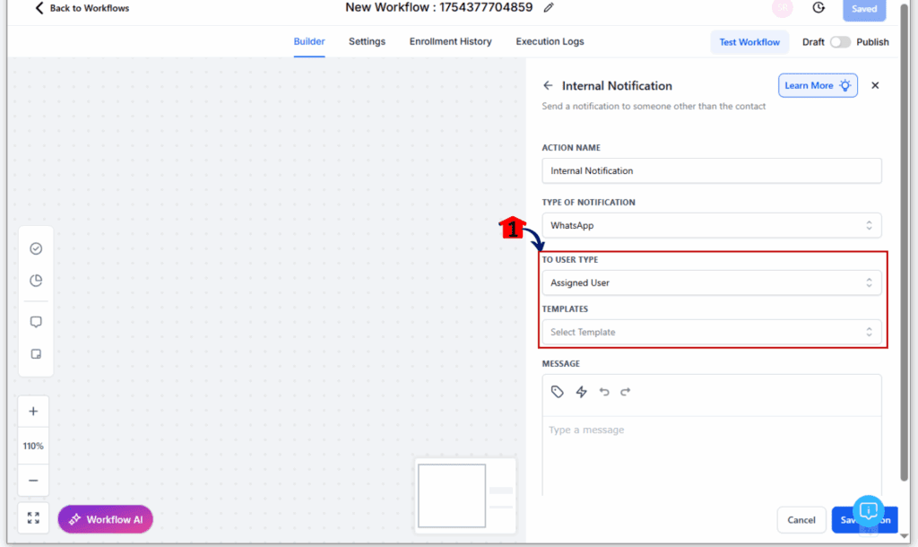 Internal WhatsApp Notifications - Select User Type and WhatsApp Template