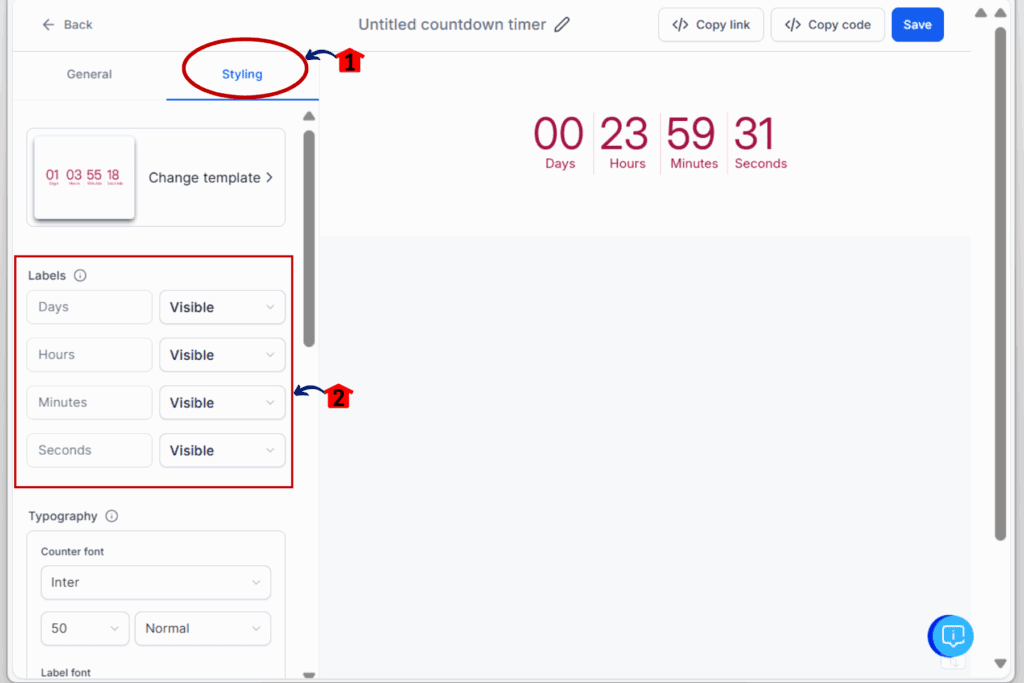 GoHighLevel countdown timer - styling tab