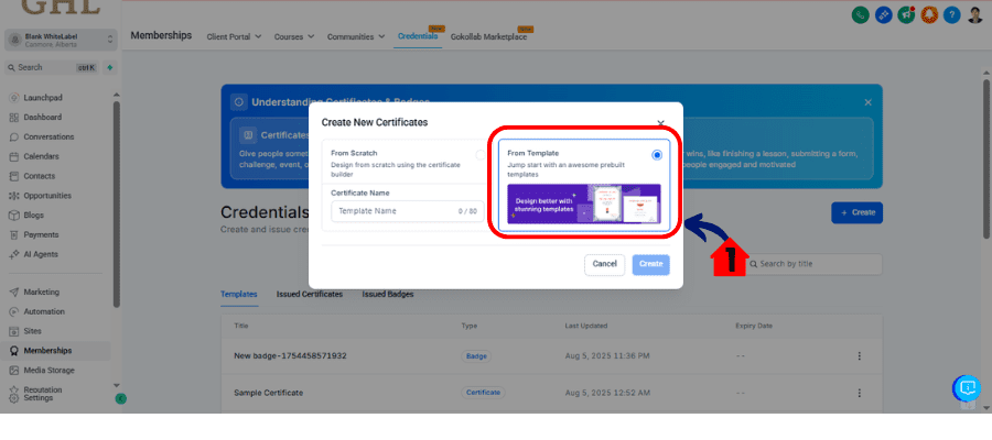 ghl new certificate template