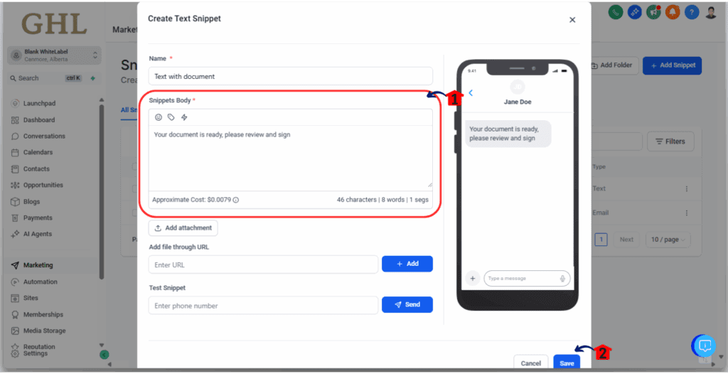 ghl-sms-document-sending (7) SMS Document Sending - Write and Save Your Snippet