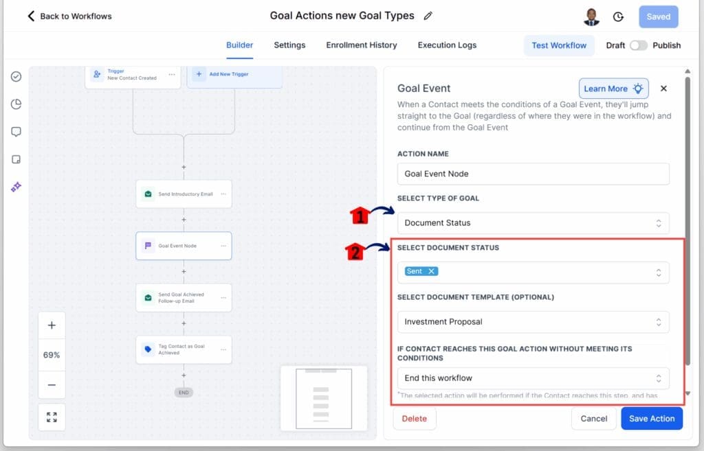 GHL Workflow Goal Actions – Configure the Document Status Goal
