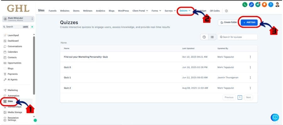 ghl quiz builder access