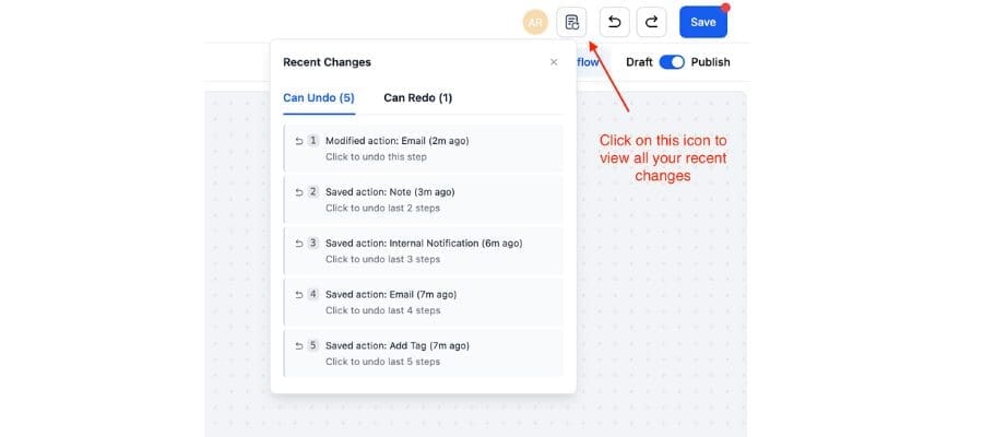 ghl workflow undo and redo button