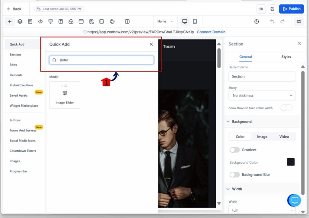 website builder search - quick adds