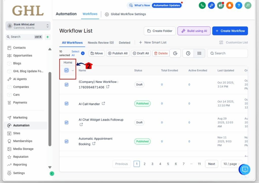 bulk workflow actions - select all