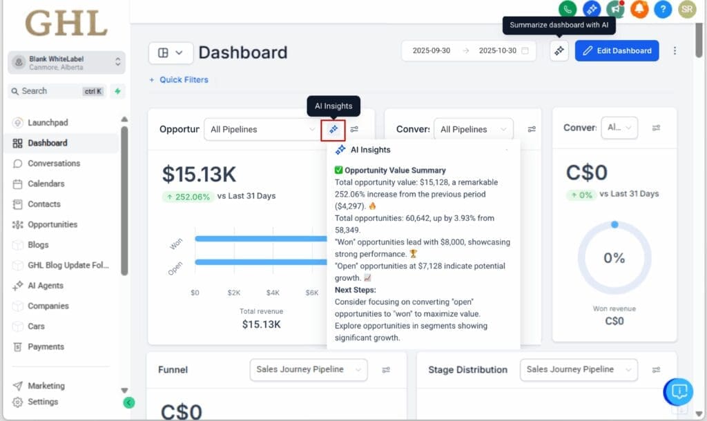 GoHighLevel AI dashboard insights
 - Use Widget-Level AI Summaries
