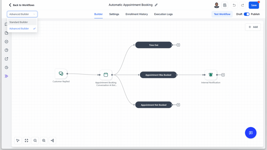 GHL visual workflow builder - Open the Advanced Builder