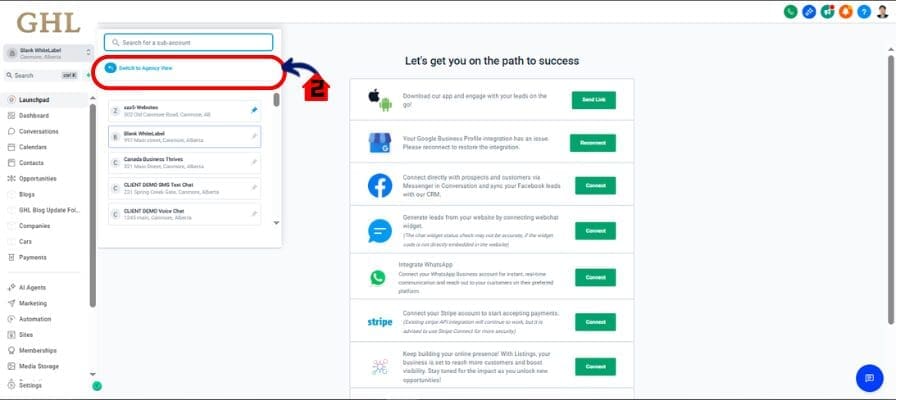 ghl agency settings access