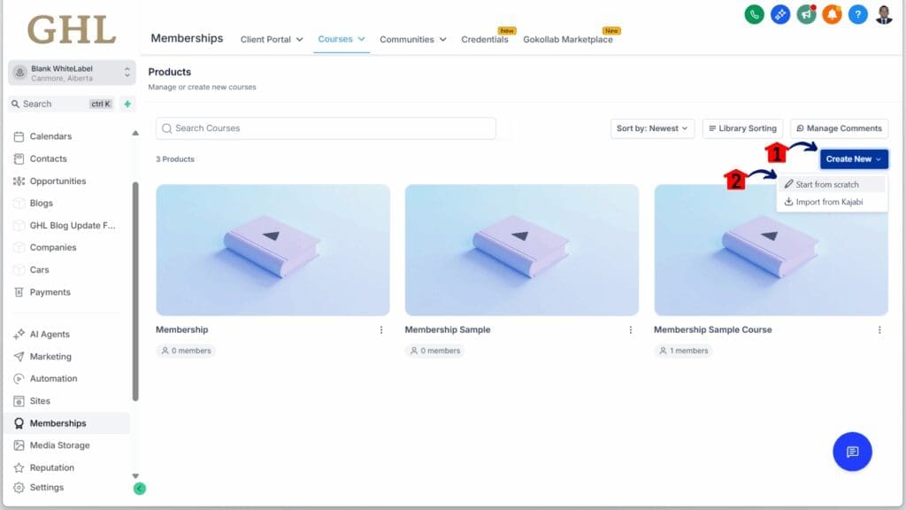 GoHighLevel course builder update - Start a New Course