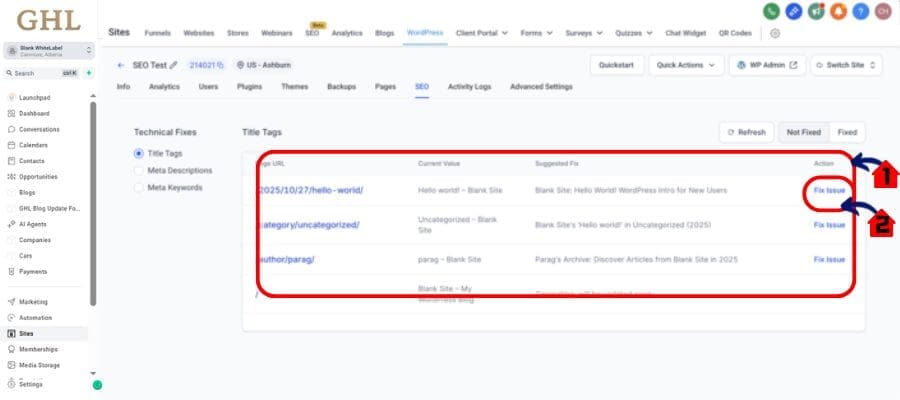 ghl wordpress seo errors