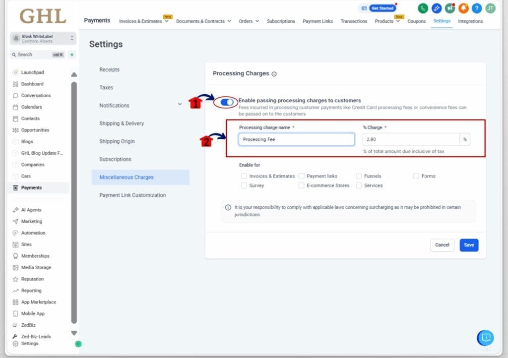 processing fee checkout - configure