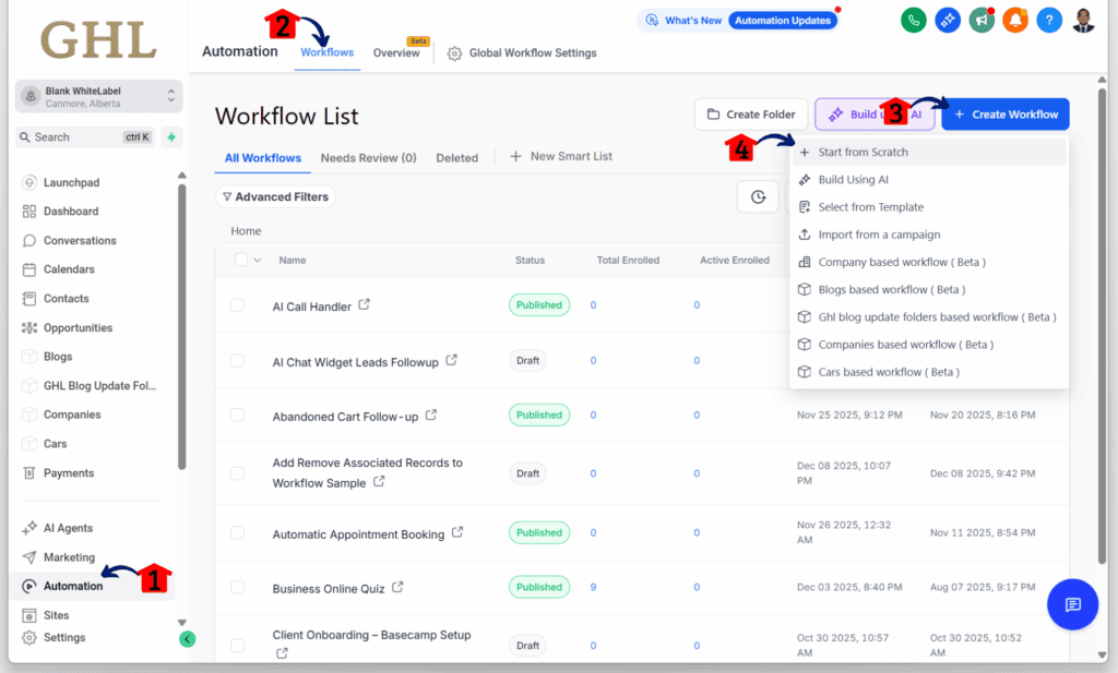 ghl-call-transcript-generated-workflow Step 01 – Access the Main Menu in GoHighLevel