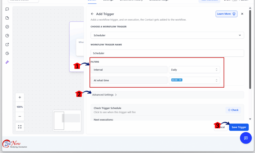 ghl-workflow-scheduler-trigger-save GoHighLevel workflow scheduler - Configure the Scheduler Settings