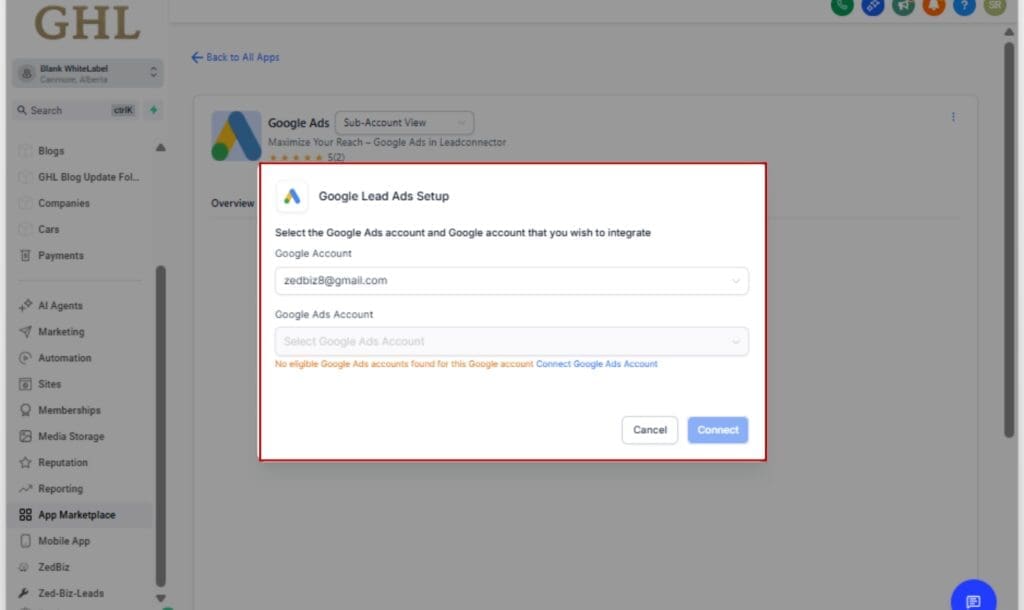 GoHighLevel Google Lead Sync
- Select the Ad Account and View Lead Forms