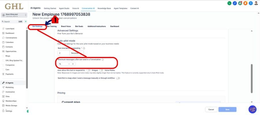 ghl-chatbot-message-limit-03 ghl ai bot settings
