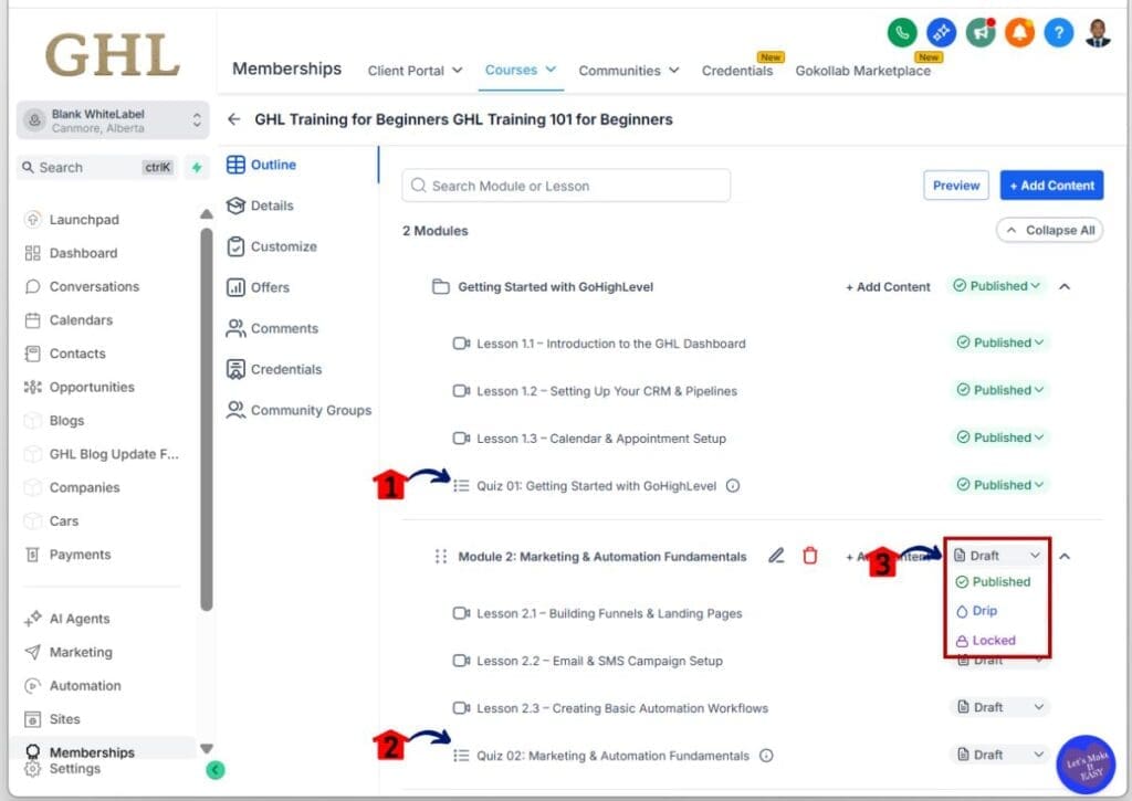 GHL build online course – Organize Modules, Lessons, and Quiz Status