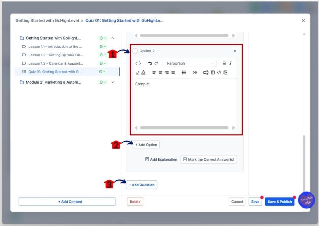 GoHighLevel build online course – Add More Quiz Options
