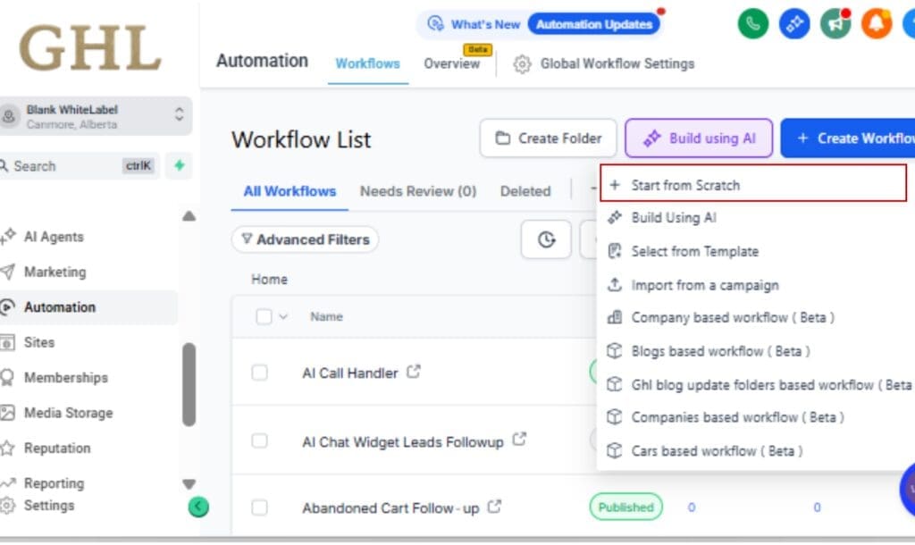 GHL AI workflow builder
 - Create or Open a Workflow