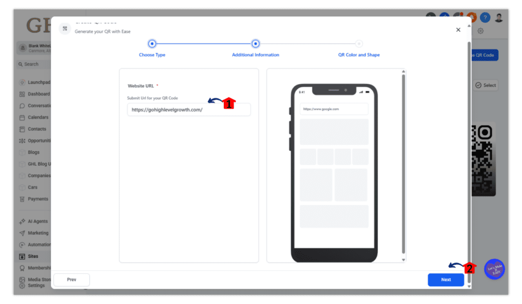 ghl-create-qr-code-3 Direct link or phone number for QR