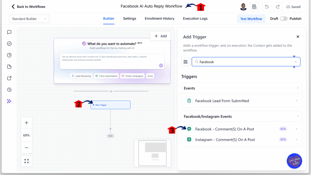 GHL Facebook auto reply – Set Up a New Workflow
