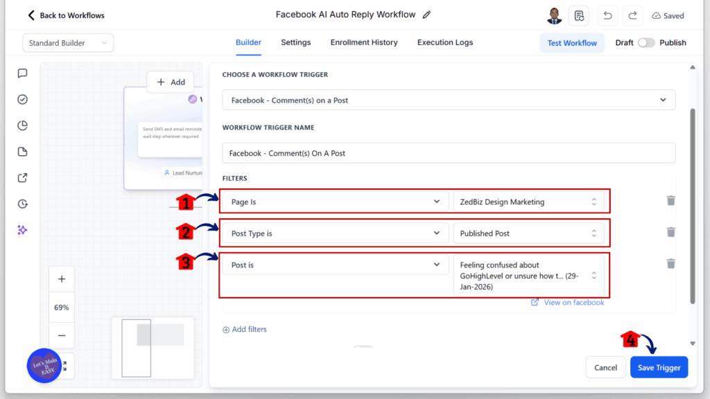 GoHighLevel Facebook auto reply – Configure the Facebook Comment Trigger