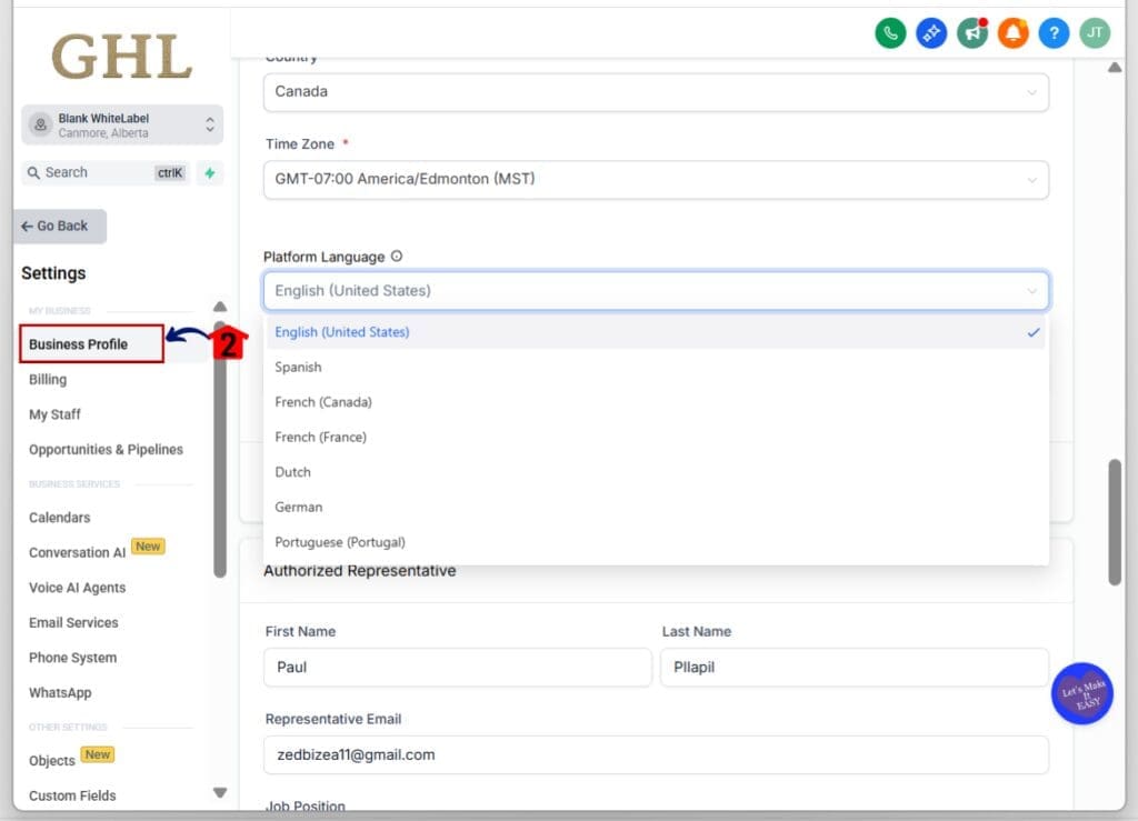 localized email notifications - business profile