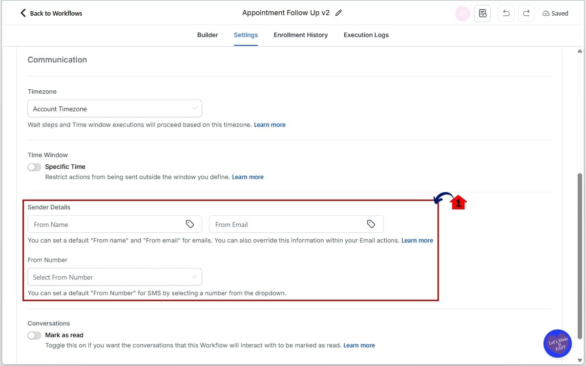 GoHighLevel AI Workflow Builder
 - Review Communication Workflow Settings