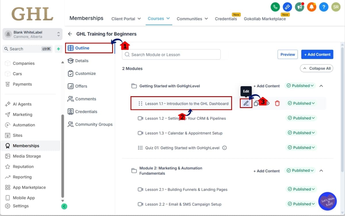 Course media import
 - Open the Lesson You Want to Modify