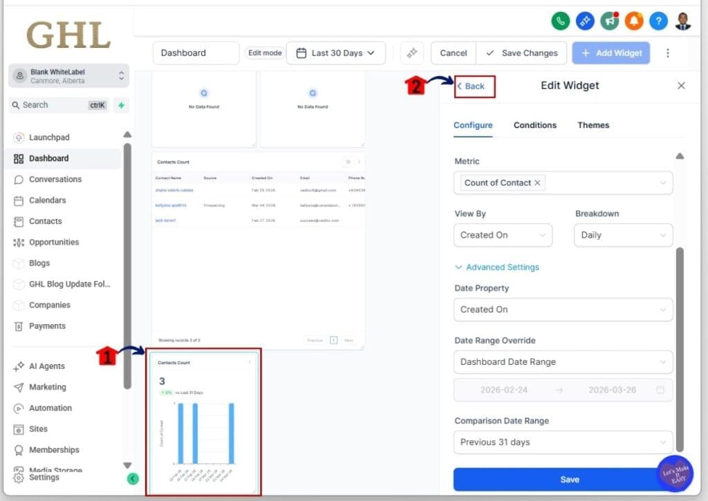 GHL customize dashboard widget - Check the added widget before returning to the Dashboard Editor